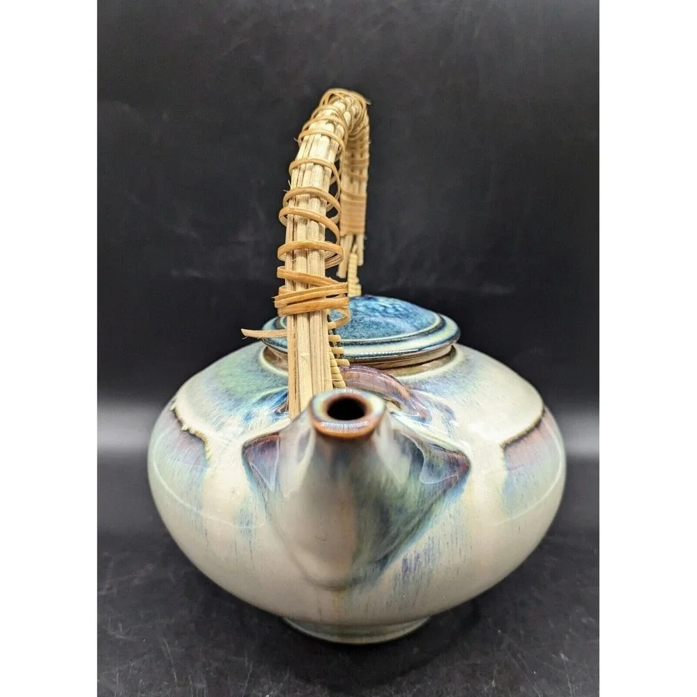 Bill Campbell Art Pottery Tea Pot Bamboo Handle 6‎ cup Blues Beige Unsigned